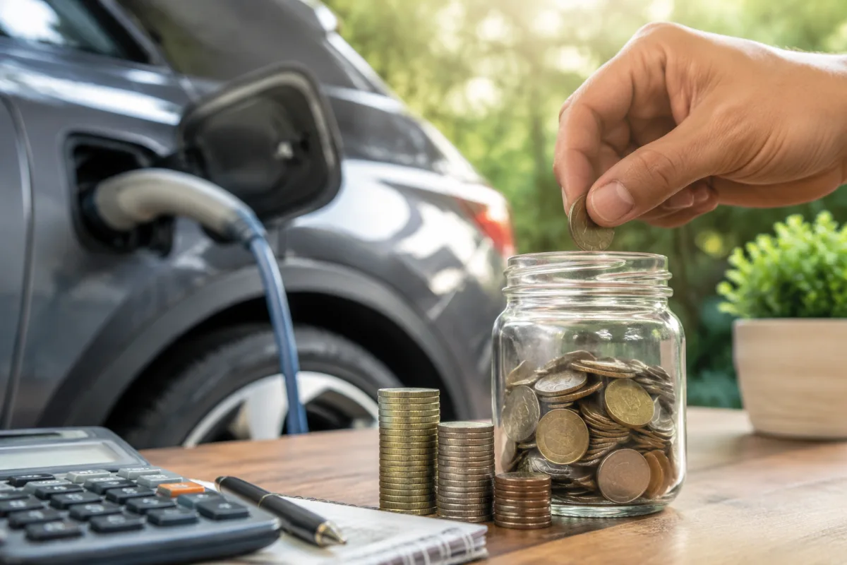 Main branchant un câble de recharge sur la prise d'une voiture électrique blanche