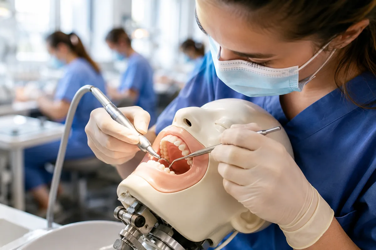 Études de dentiste en Belgique : ce que personne ne vous dit vraiment Maquette de mâchoire humaine posée sur un bureau dans une salle de travaux pratiques de dentisterie