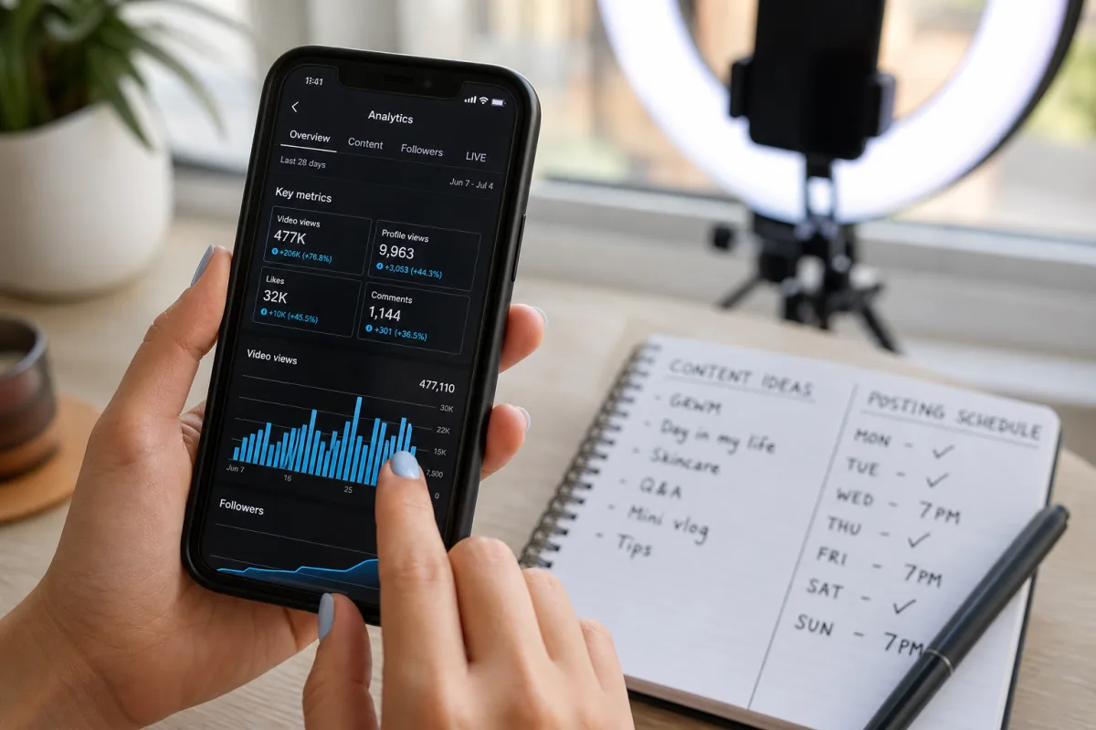 Gagner des abonnés sur TikTok : ce qui bloque vraiment votre croissance Écran de téléphone affichant des statistiques TikTok avec courbe d'abonnés en hausse visible en gros plan