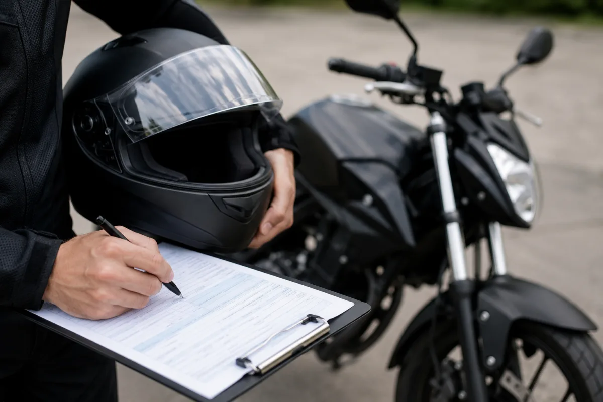 Gros plan sur une carte verte d'assurance posée sur le réservoir d'une moto 125