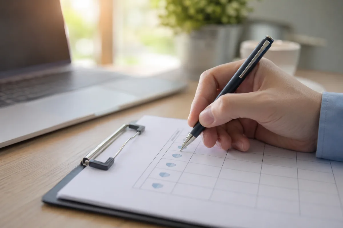 Gros plan sur un contrat de mutuelle santé posé sur un bureau avec un stylo et une calculatrice