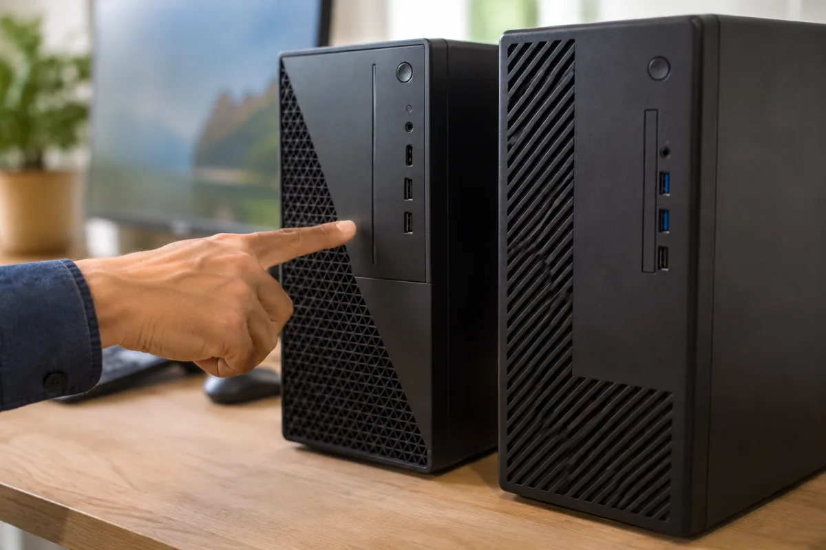 Ordinateur de bureau Dell ou Asus : lequel choisir selon votre usage Gros plan sur les ports et boutons façade d'une tour d'ordinateur de bureau allumée