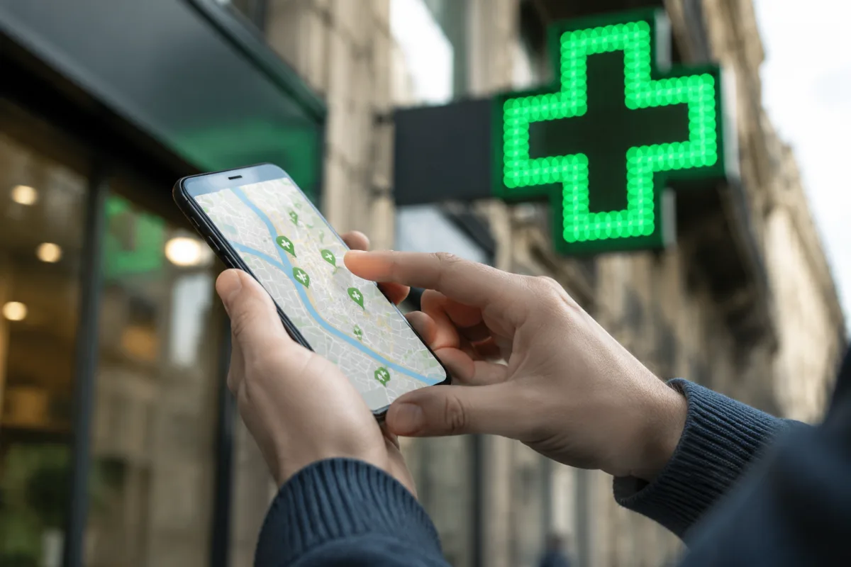 Gros plan sur un panneau de pharmacie de garde affiché en vitrine avec horaires manuscrits
