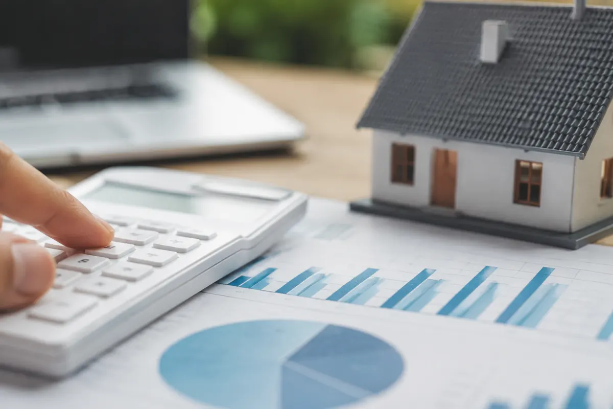 Main posant un stylo sur un tableau de simulation de crédit immobilier avec chiffres manuscrits