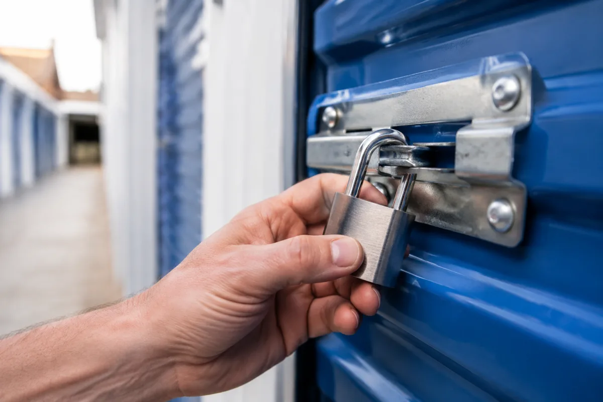 Gros plan sur un cadenas haute securite ferme sur un box de stockage personnel