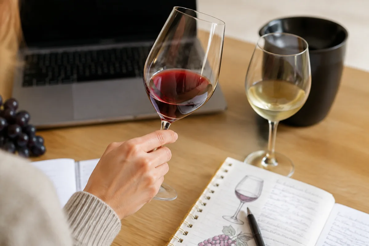 Gros plan sur la fiche d'évaluation sensorielle d'un vin et une bouteille à petit format